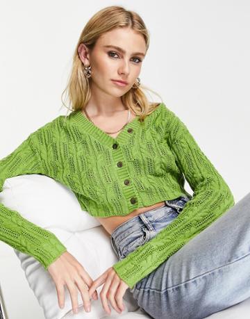 Na-kd Cropped Knitted Cardigan In Green