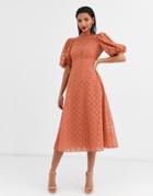 Asos Design Broderie Organza Midi Skater Dress With Puff Sleeves In Terracotta-pink