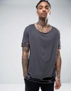 Asos Longline T-shirt With Scoop Neck And Distressed Cuff And Hem - Bl