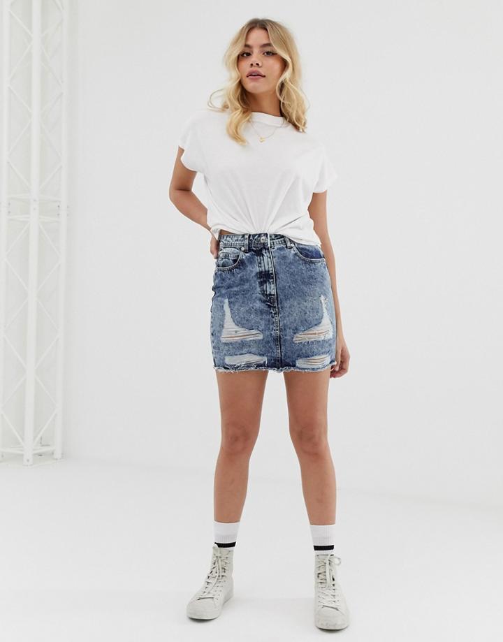 Parisian Denim Mini Skirt With Rip Detail In Acid Wash-blue