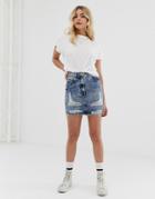 Parisian Denim Mini Skirt With Rip Detail In Acid Wash-blue