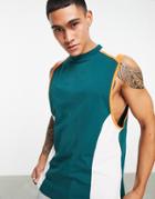 Asos Design Relaxed Tank Top In Green And White Color Block With Orange Binding