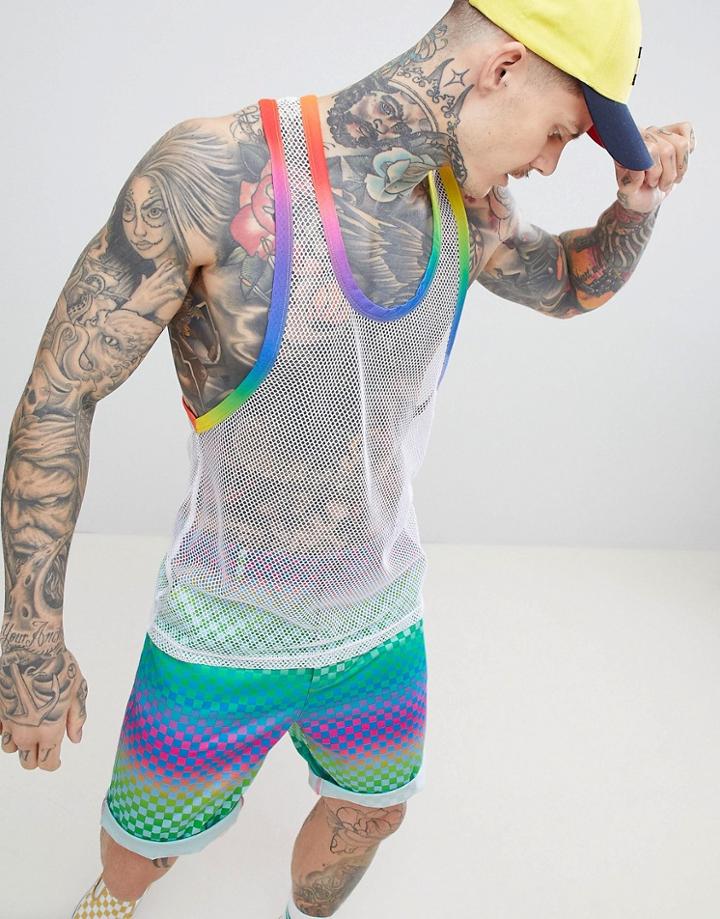 Asos Design Extreme Racer Back Tank In Mesh With Contrast Rainbow Binding - White