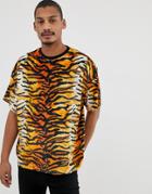 Asos Design Oversized Velour T-shirt In Tiger Print - Black
