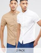 Asos Skinny Oxford 2 Pack In White And Camel With Short Sleeves