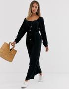 Asos Design Button Front Tie Waist Puff Sleeve Jumpsuit With Long Sleeves-black