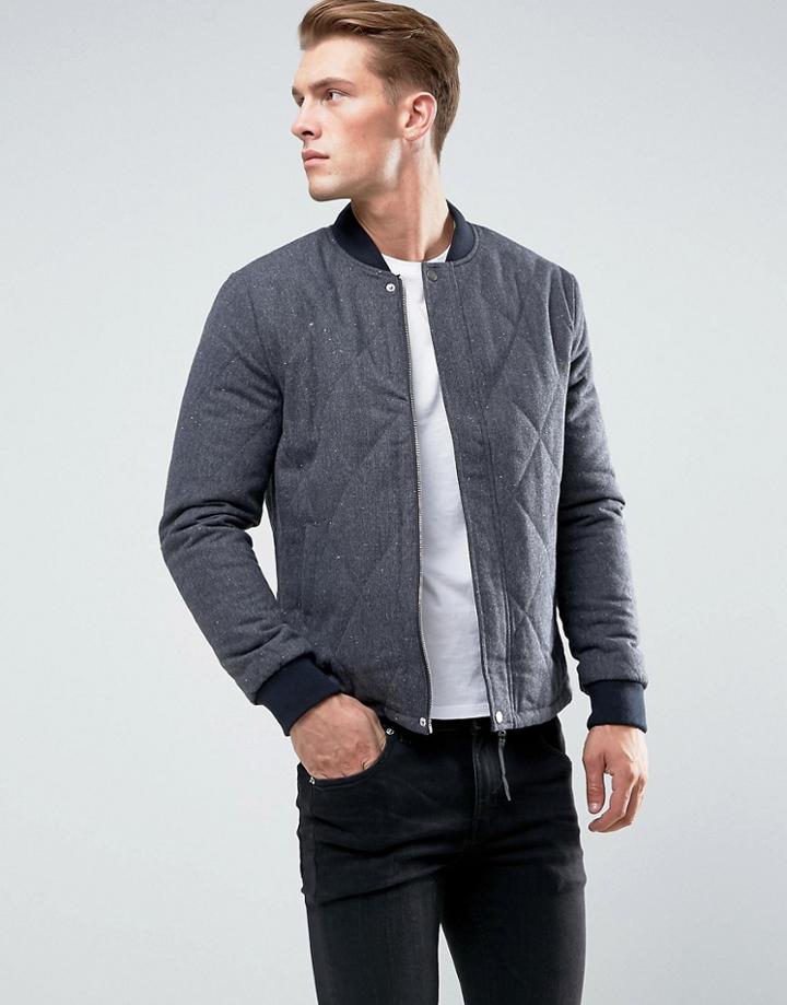 New Look Quilted Wool Bomber In Navy - Blue