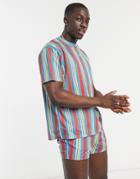 Asos Design Oversized Stripe T-shirt In Blue And Red - Part Of A Set-multi