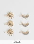 Asos Design Pack Of 6 Hair Clips In Sun And Moon Design In Gold Tone - Gold