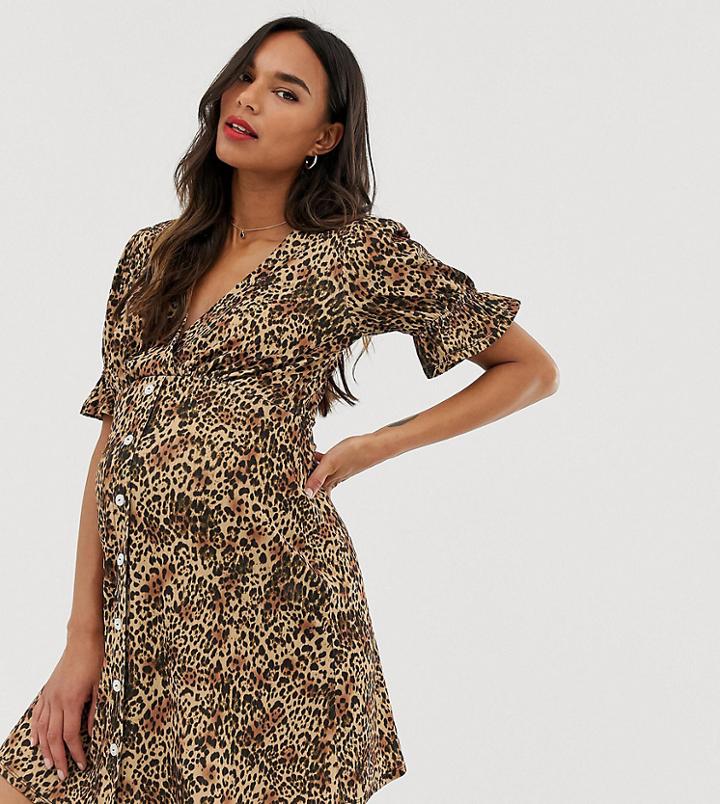 Asos Design Maternity Button Through Rib Tea Dress With Puff Sleeve In Animal Print - Multi