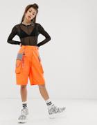Jaded London Longline Utility Shorts In Neon Orange With Reflective Detail