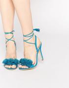 Daisy Street Pom Ghillie Lace Up Heeled Sandals - Blue