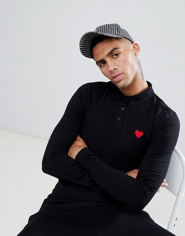 Asos Design Long Sleeve Muscle Polo With Heart Embroidery - Black
