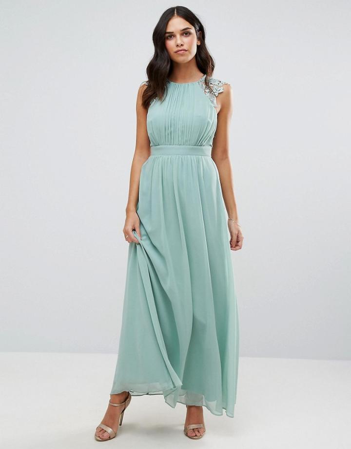 Little Mistress Lace And Pleat Maxi Dress - Green