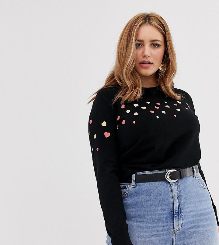Oasis Curve Sweater With Embroidered Hearts In Black - Black