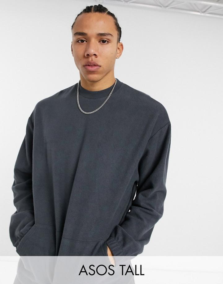 Asos Design Tall Oversized Sweatshirt In Reverse Fleece In Washed Black