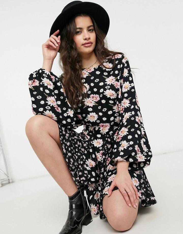 Asos Design Mini Belted Skater Dress With Gores In Mixed Floral Print-multi