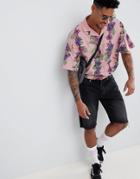 Asos Design Oversized Polo With Tropical Floral Print And Revere Collar - Pink