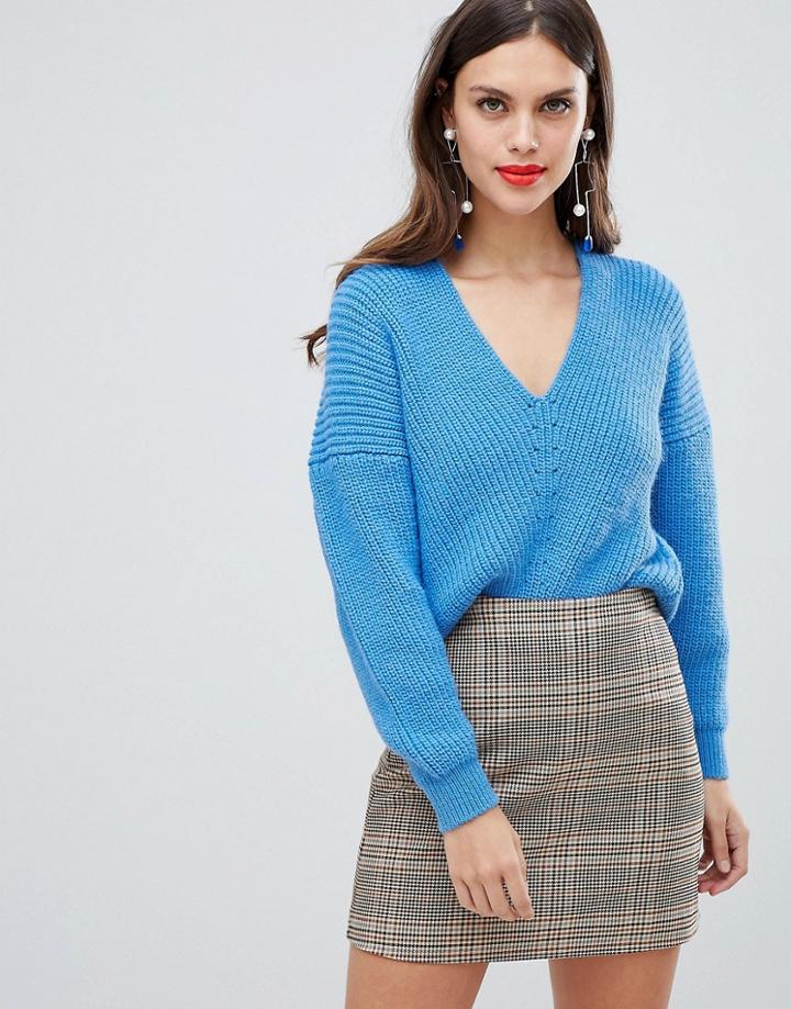 Asos Design V Neck Sweater In Moving Rib - Blue