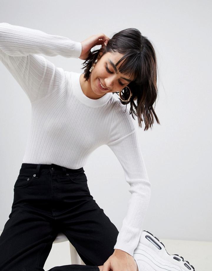 Asos Design Ribbed Sweater In Fine Knit - White