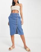Vila Wrap Front Denim Midi Skirt With Button Detail In Blue
