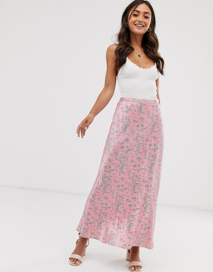 Ghost Lizzie Distsy Floral Print Satin Midi Skirt-pink