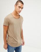 Asos Design Longline T-shirt With Raw Scoop Neck And Curve Hem In Linen Mix In Beige - Brown