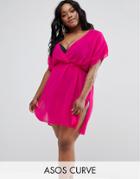 Asos Curve Mini Chiffon Beach Cover Up With Self Belt - Pink