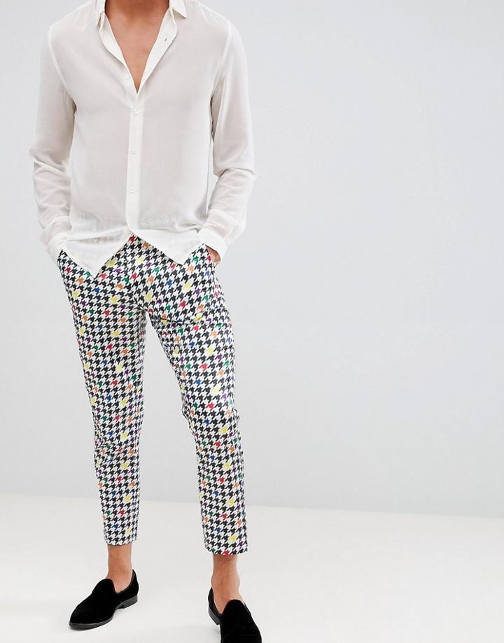 Asos Design Slim Crop Velvet Houndstooth Print Smart Pants - White