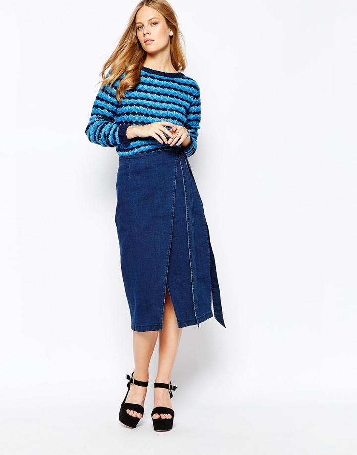 Lost Ink Wrap Midi Skirt With Tie Side - Indigo