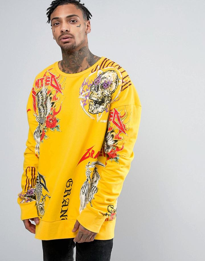 Granted Oversized Sweatshirt In Yellow With Badge Print - Yellow