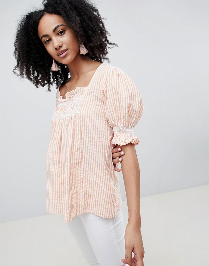 Lost Ink Smock Top With Shirring In Stripe - Orange