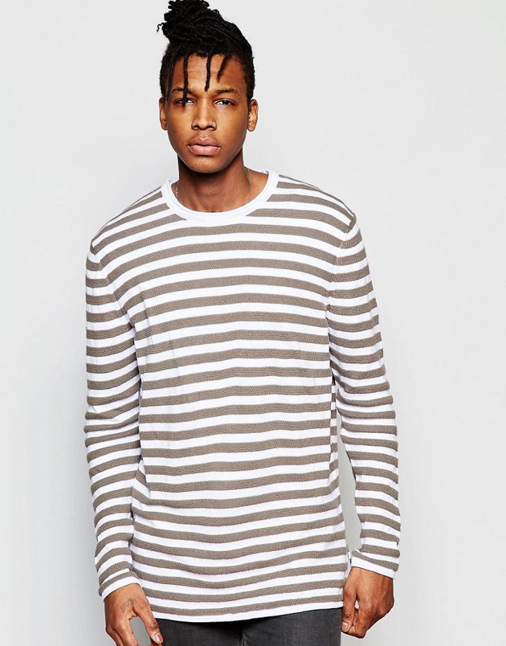 Asos Longline Stripe Sweater With Split Hem - White