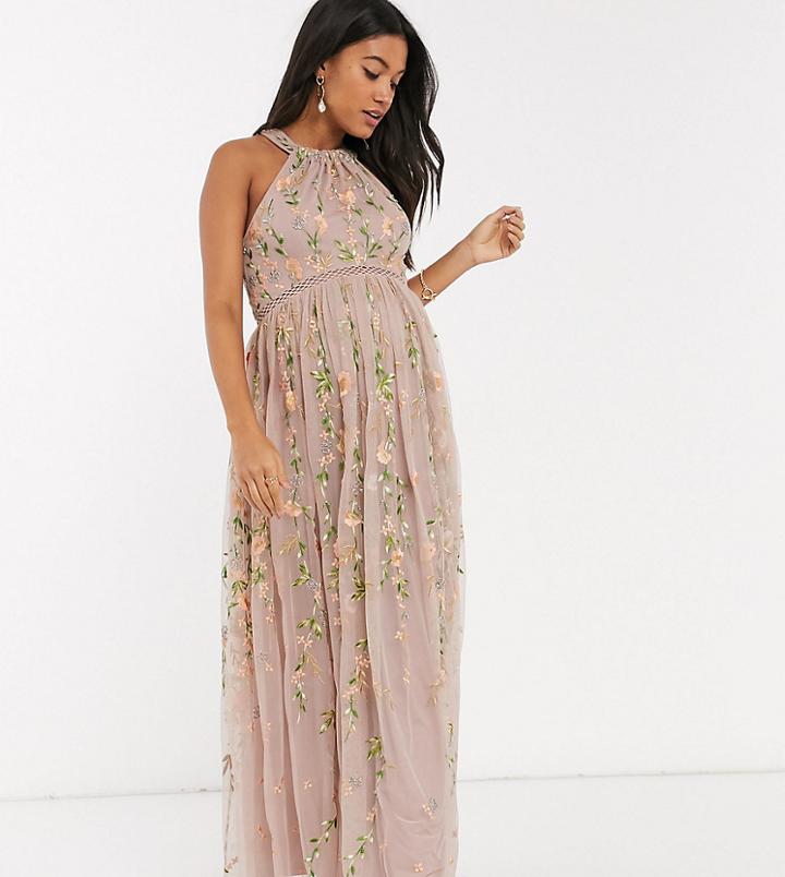 Asos Design Maternity Halterneck Pretty Embroidered Floral And Sequin Mesh Maxi Dress-multi