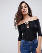 Asos Design Bardot Top With Lace Up Detail - Black