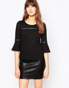 Vero Moda 3/4 Sleeve Bell Sleeve Top With Embroidered Detail - Black