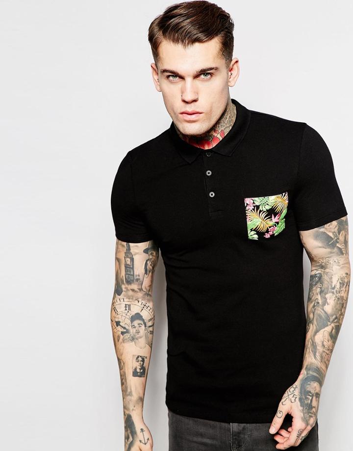 Asos Extreme Muscle Polo With Floral Pocket - Black