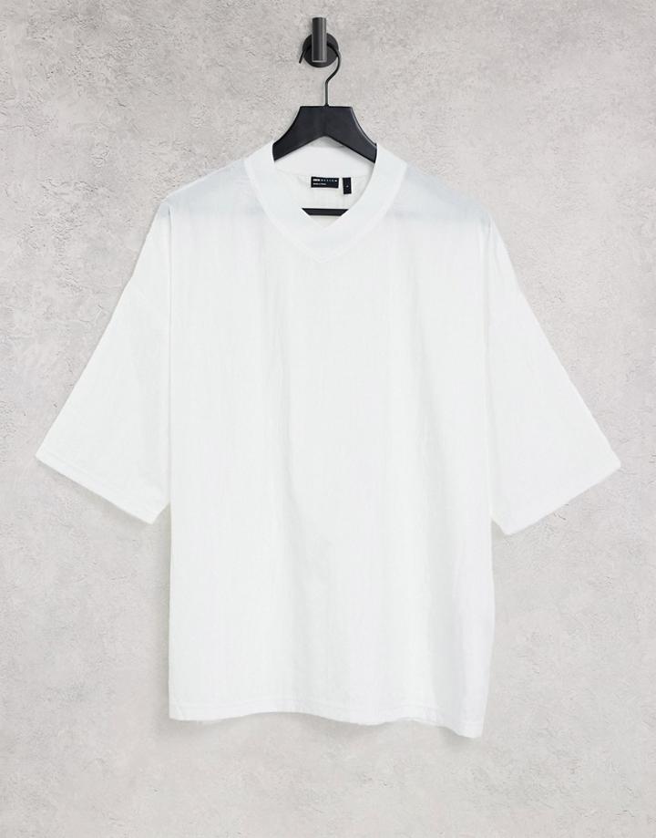 Asos Design Oversized V Neck T-shirt In Crinkle Texture-white
