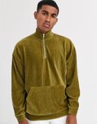 Asos Design Oversized Sweatshirt With Half Zip In Cord-green
