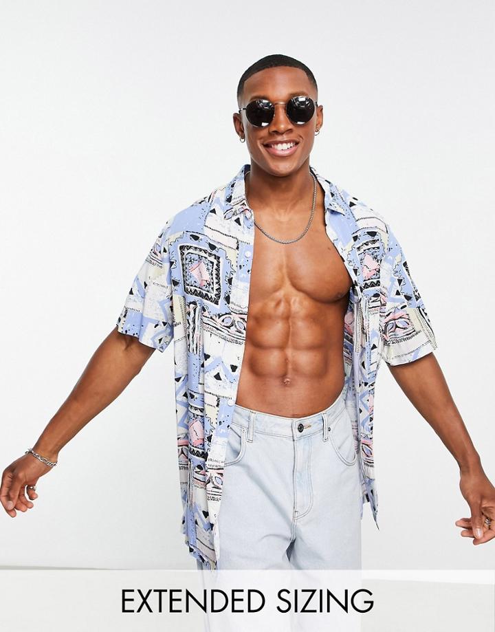 Asos Design Relaxed Shirt In Pastel Vintage Inspired Print-blue