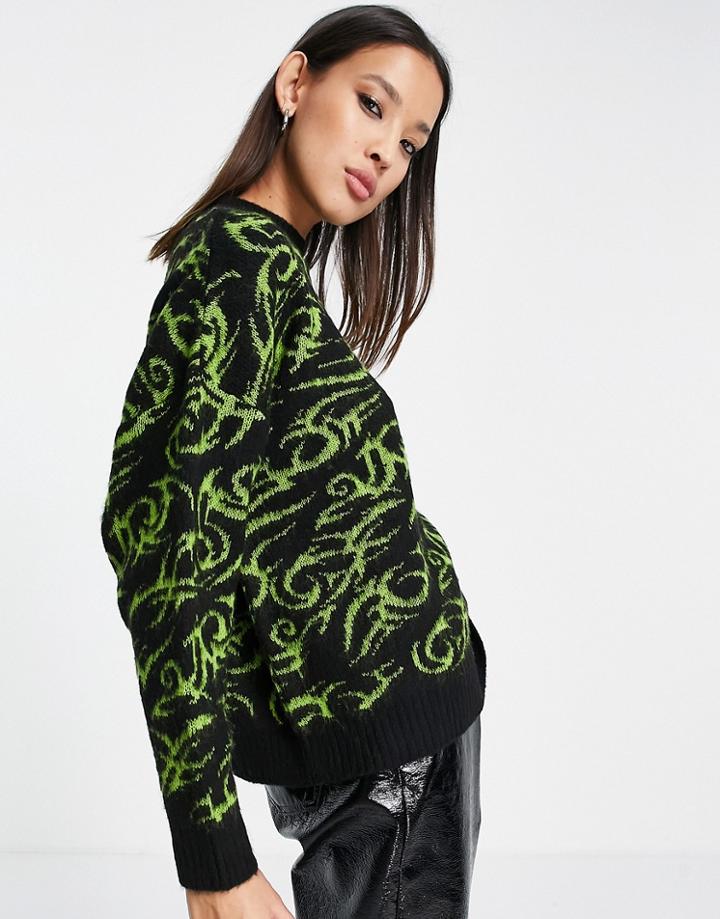 Asos Design Oversized Sweater In Tattoo Pattern In Black