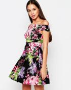 Vesper Posey Bardot Skater Dress In Tropical Print - Pink