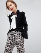 Sister Jane Contrast Pussybow Blouse With Embellished Broach Collar - Black