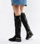 River Island Chain Detail Knee High Flat Boots In Black - Black