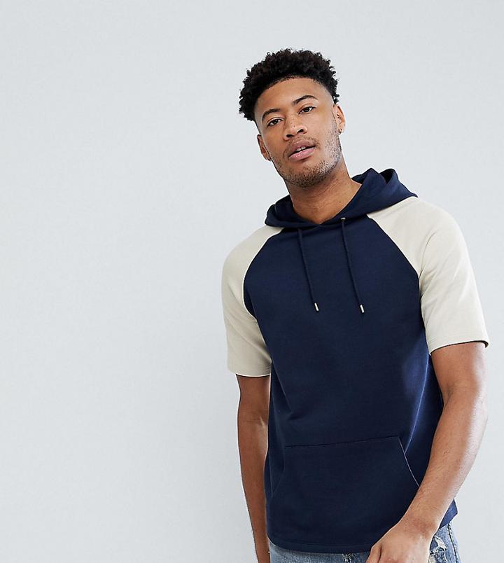 Asos Tall Short Sleeve Hoodie In Navy And Beige - Navy