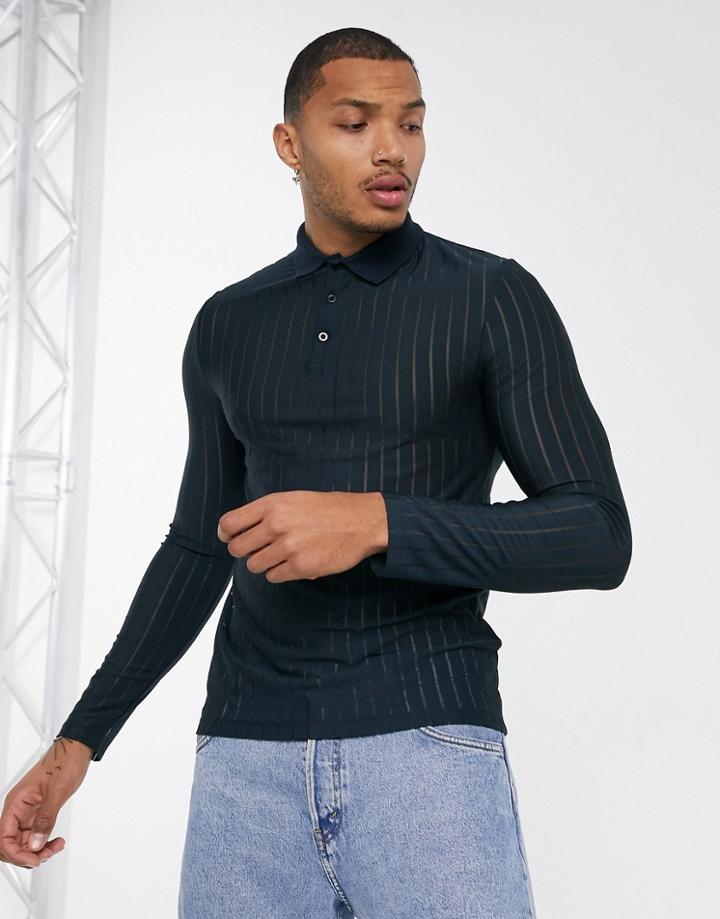 Asos Design Skinny Long Sleeve Polo Shirt In Sheer Stripe In Navy