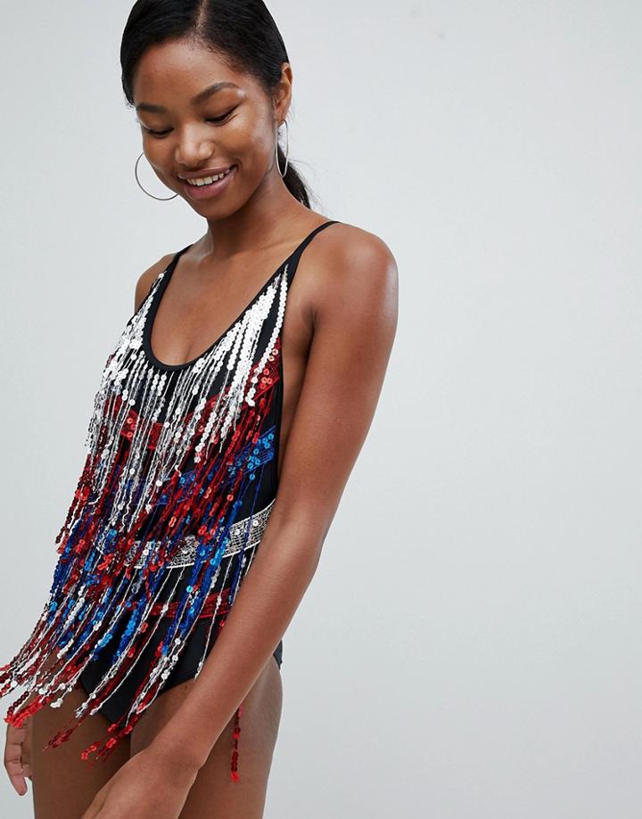 Jaded London Sequin Fringe Swimsuit - Multi