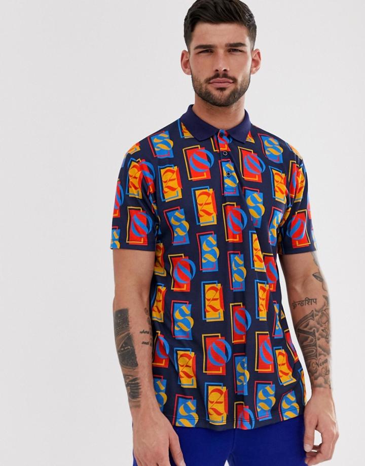 Asos Design Relaxed Polo With All Over Asos Abstract Print-navy