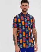 Asos Design Relaxed Polo With All Over Asos Abstract Print-navy