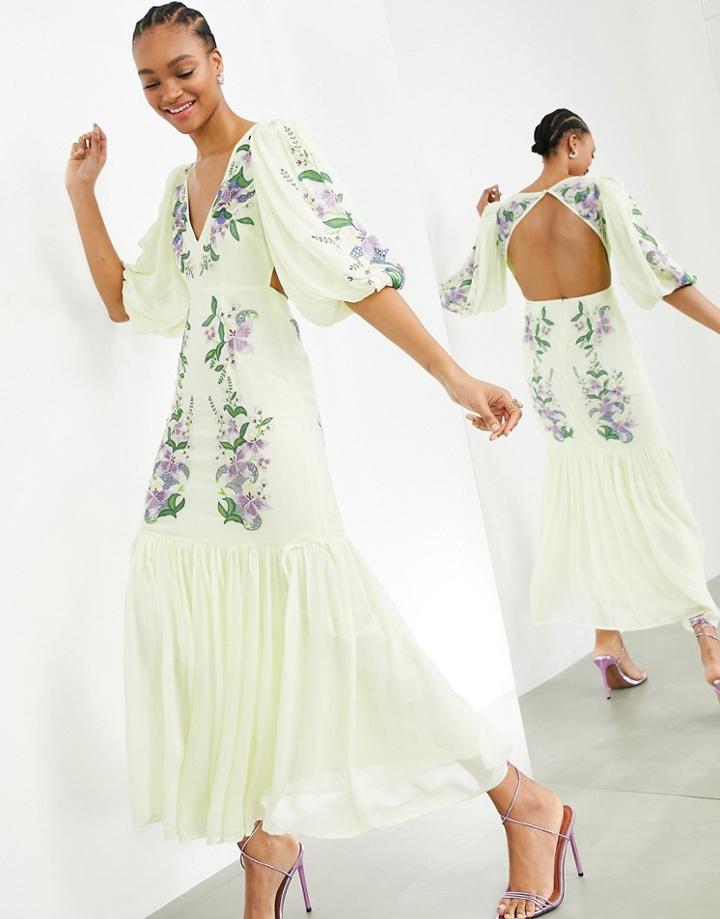 Asos Edition Floral Embroidered Tiered Maxi Dress In Lemon-yellow